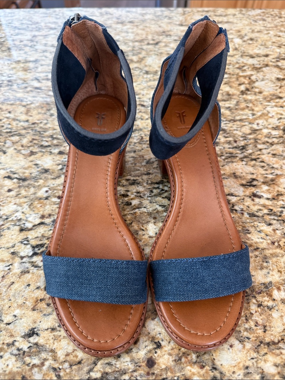 Frye Brielle denim zip back block heel